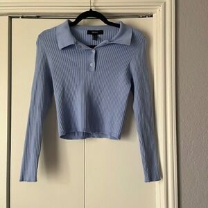 Forever‎ 21 Ribbed Knit Polo Top Cropped Long Sleeve Periwinkle Blue L